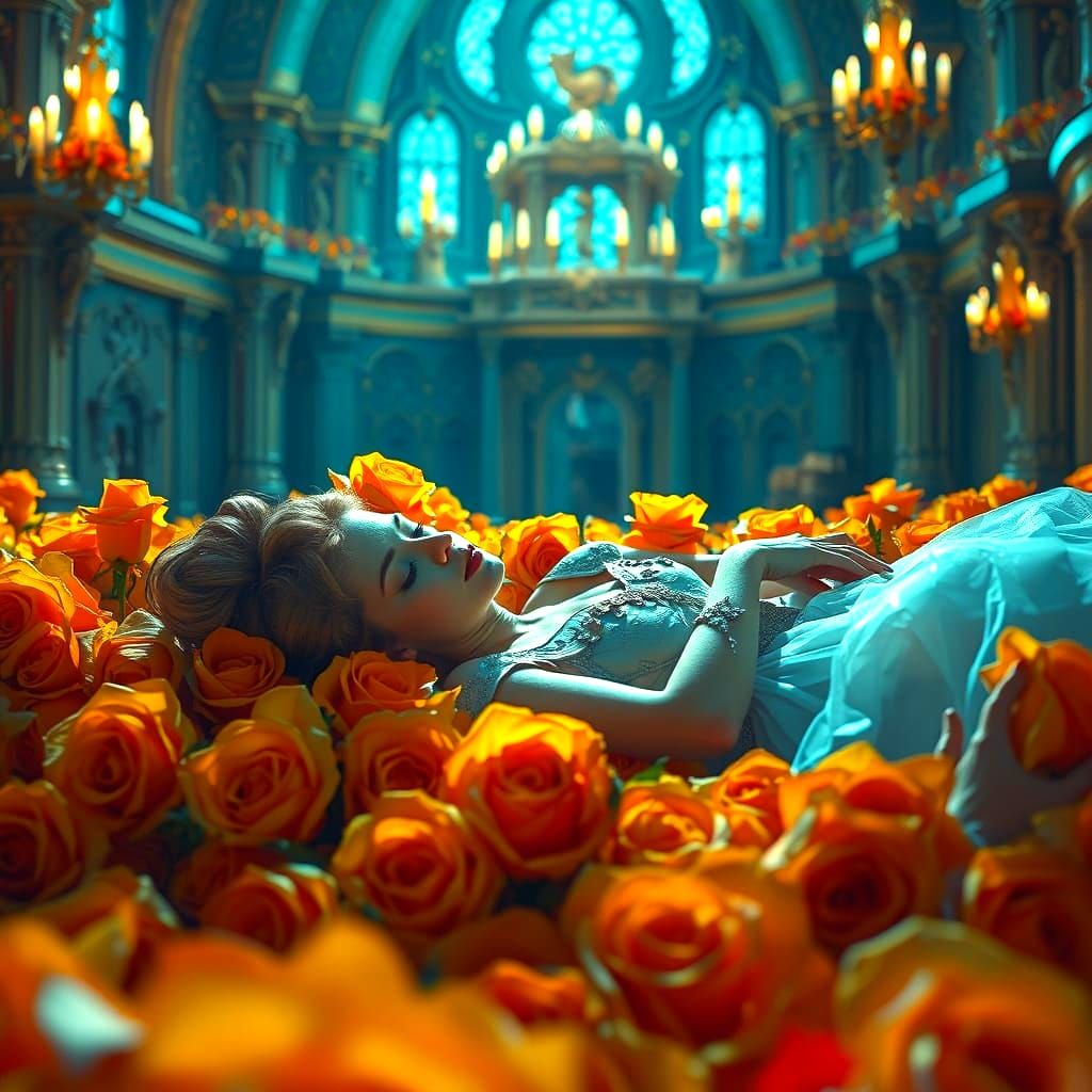 Cinderella Asleep in Rose Bed: Digital Matte Painting