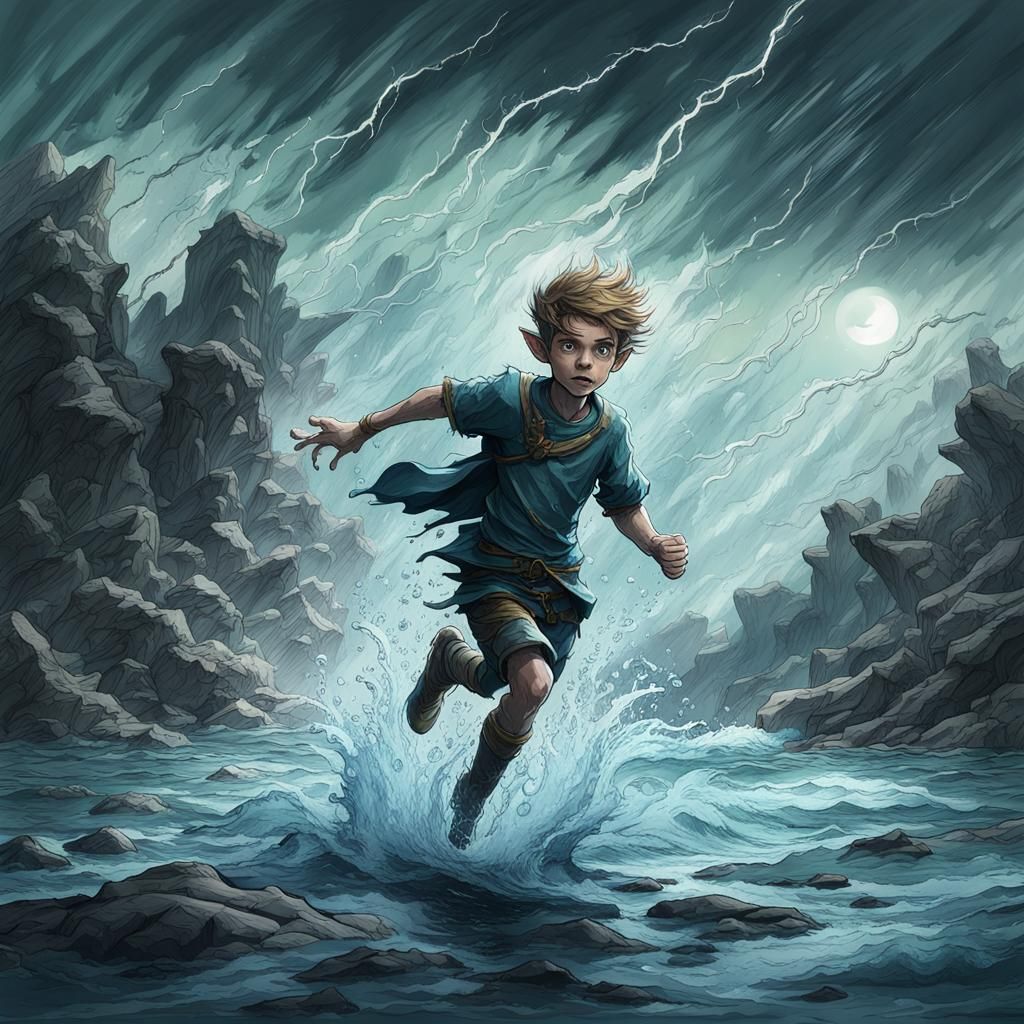 Fairy Elf Boy's Stormy Geyser Adventure: Ink Sketch