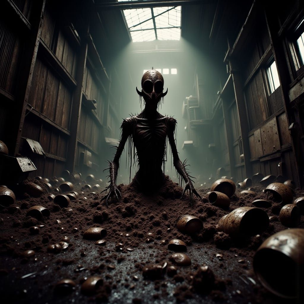 Gothic Horror Creature Emerges from Darkened Warehouse Muck