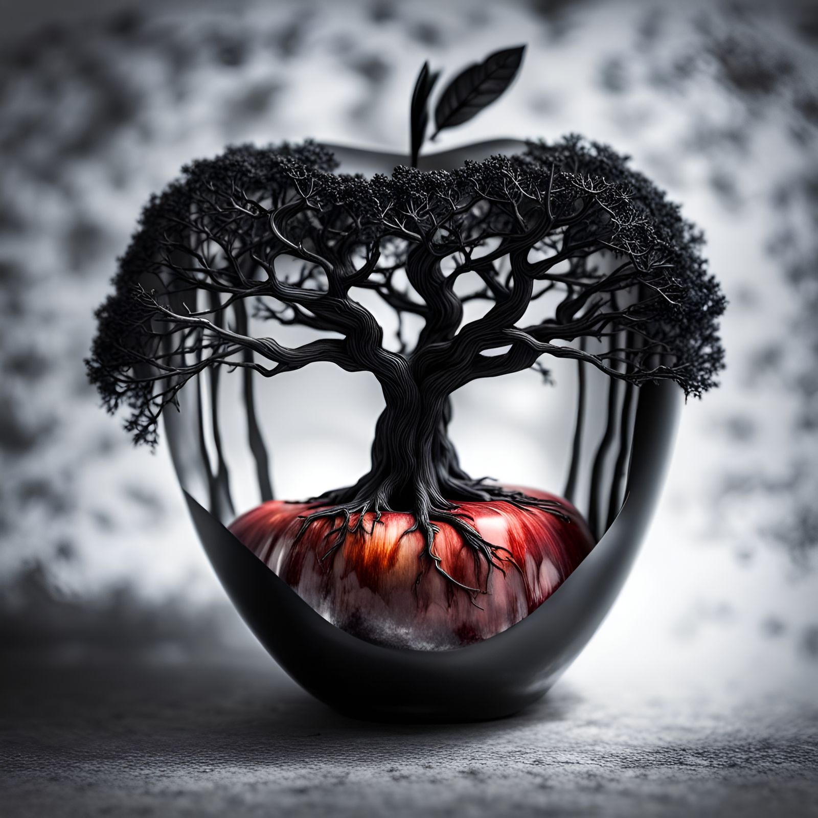 Black Tree Growing Inside a Resin Apple