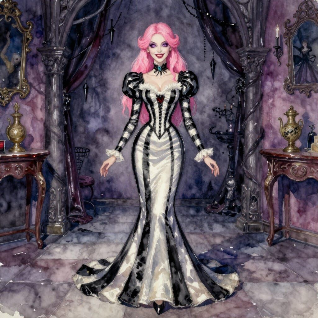 Gothic Castle Portrait in Watercolor and Gouache Style