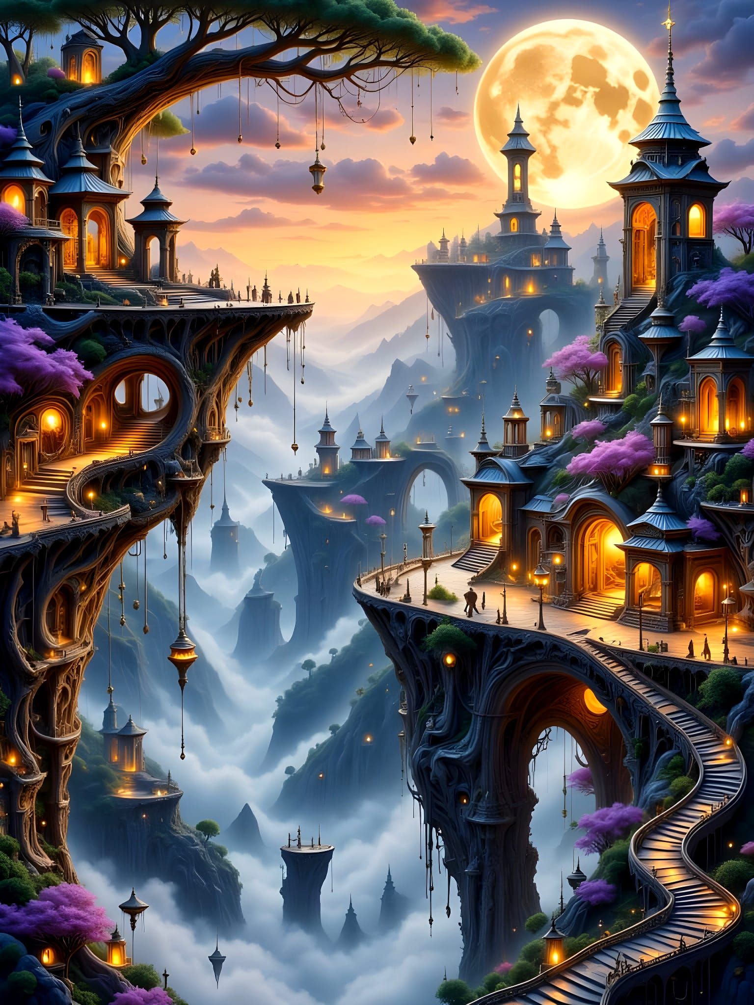 Ancient Arabic City on Stone Pillars in Dreamlike Ink Wash S...