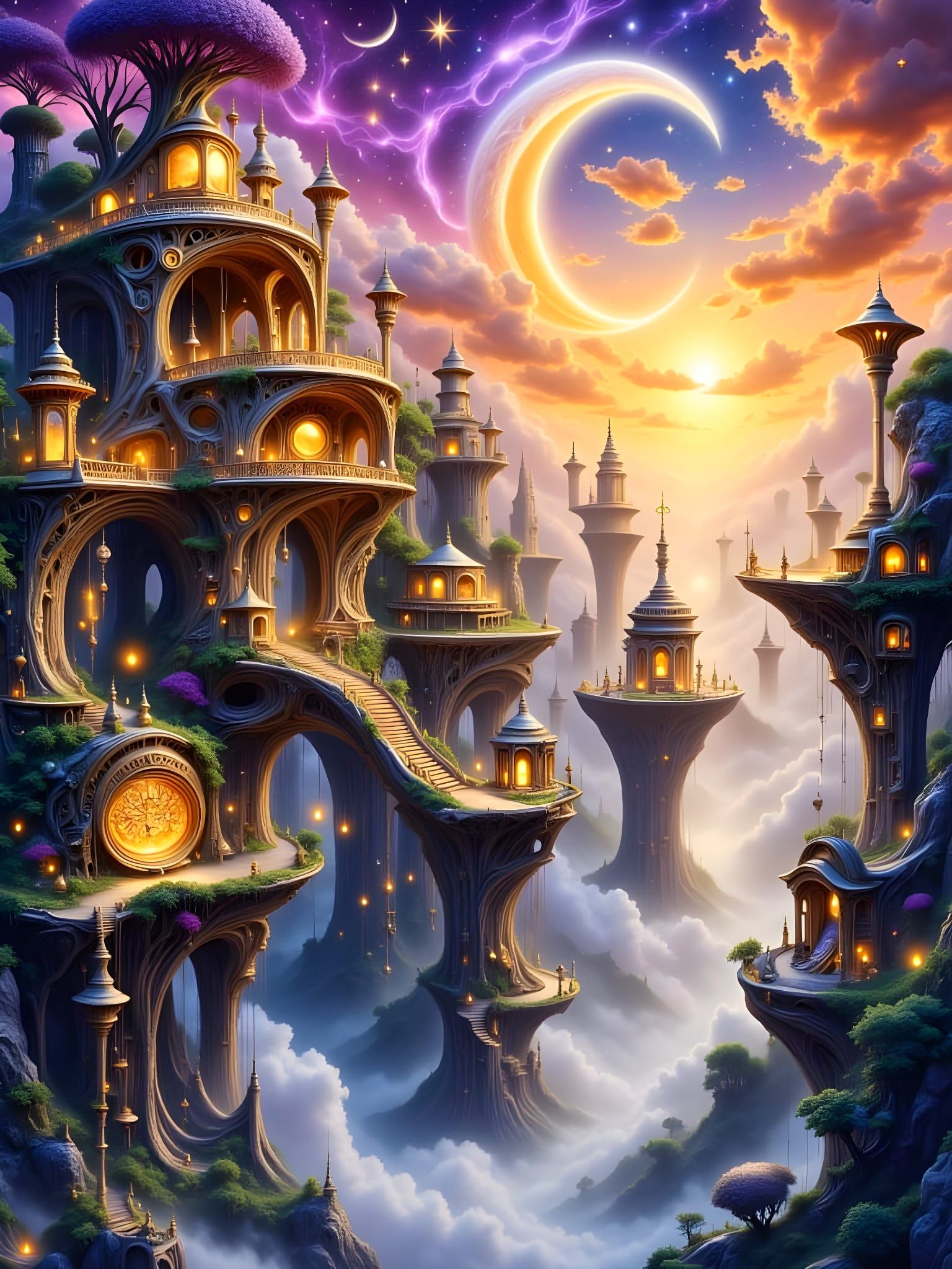 Ancient Arabic City on Colossal Bridges in Dreamlike Ink Was...