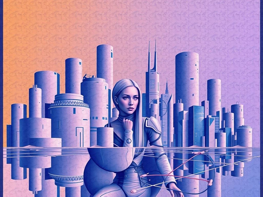 Futuristic Woman in Geometric Cityscape, Digital Art