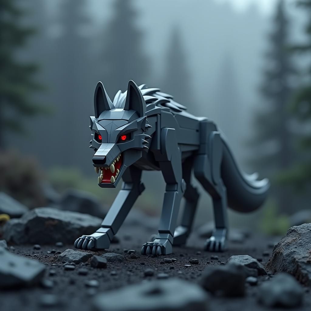 LEGO She-Wolf in Barren Landscape, 3D Render
