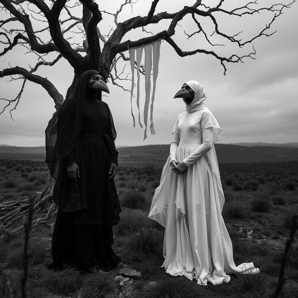 Shadowed Figures in a Grayscale Countryside