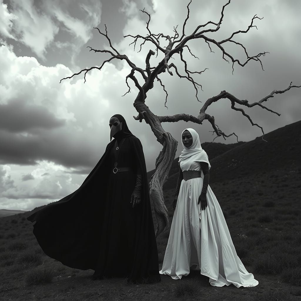 Haunting Grayscale Figures in Stormy Landscape