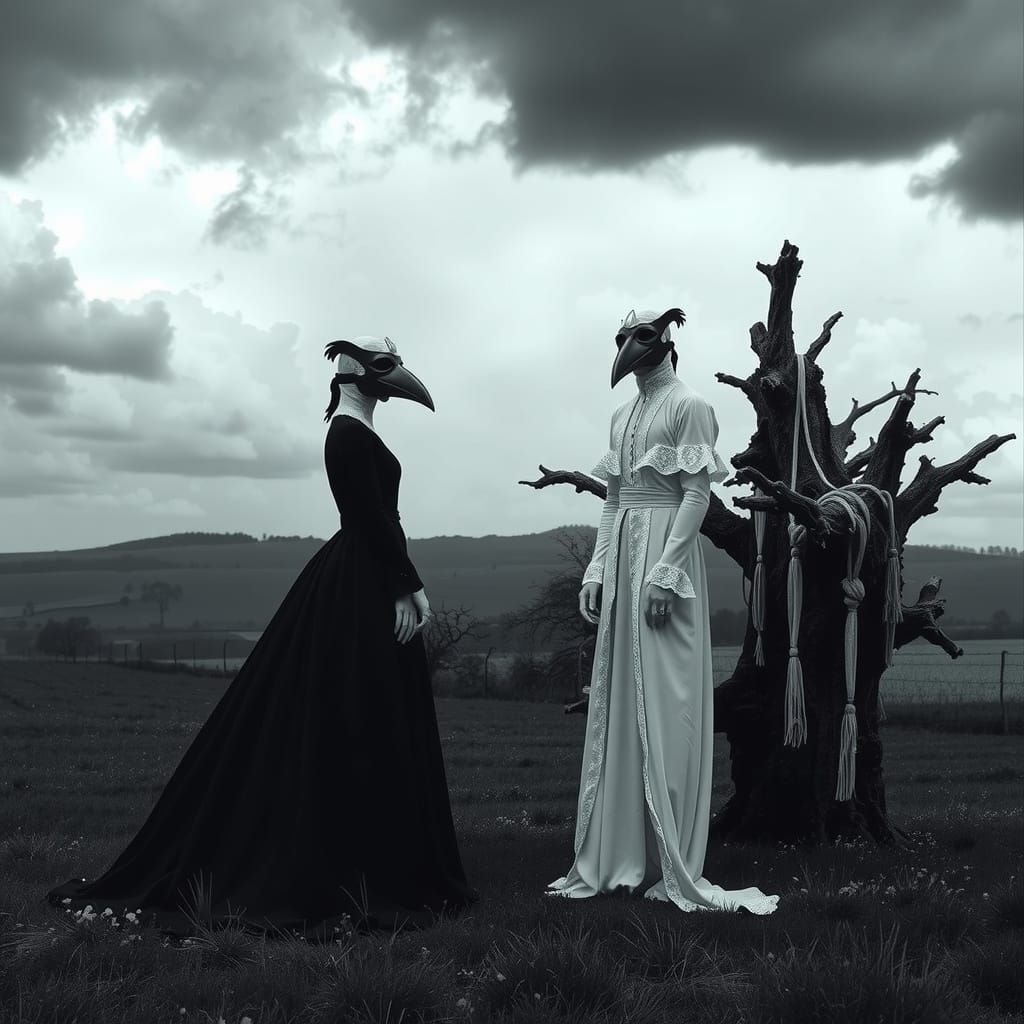 Masked Figures in Shadowed Landscape, Surreal Art