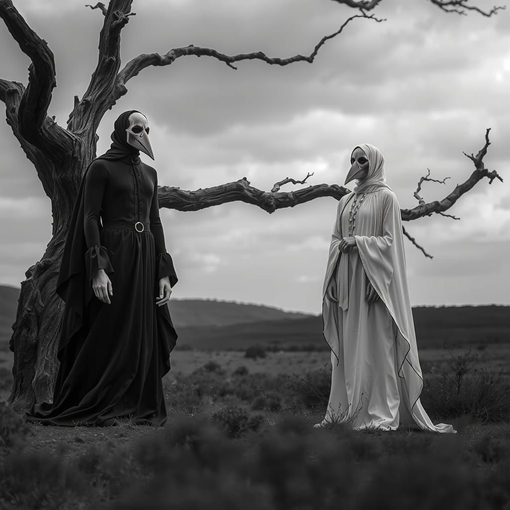 Mystical Figures in Grayscale Landscape, Symbolic Art