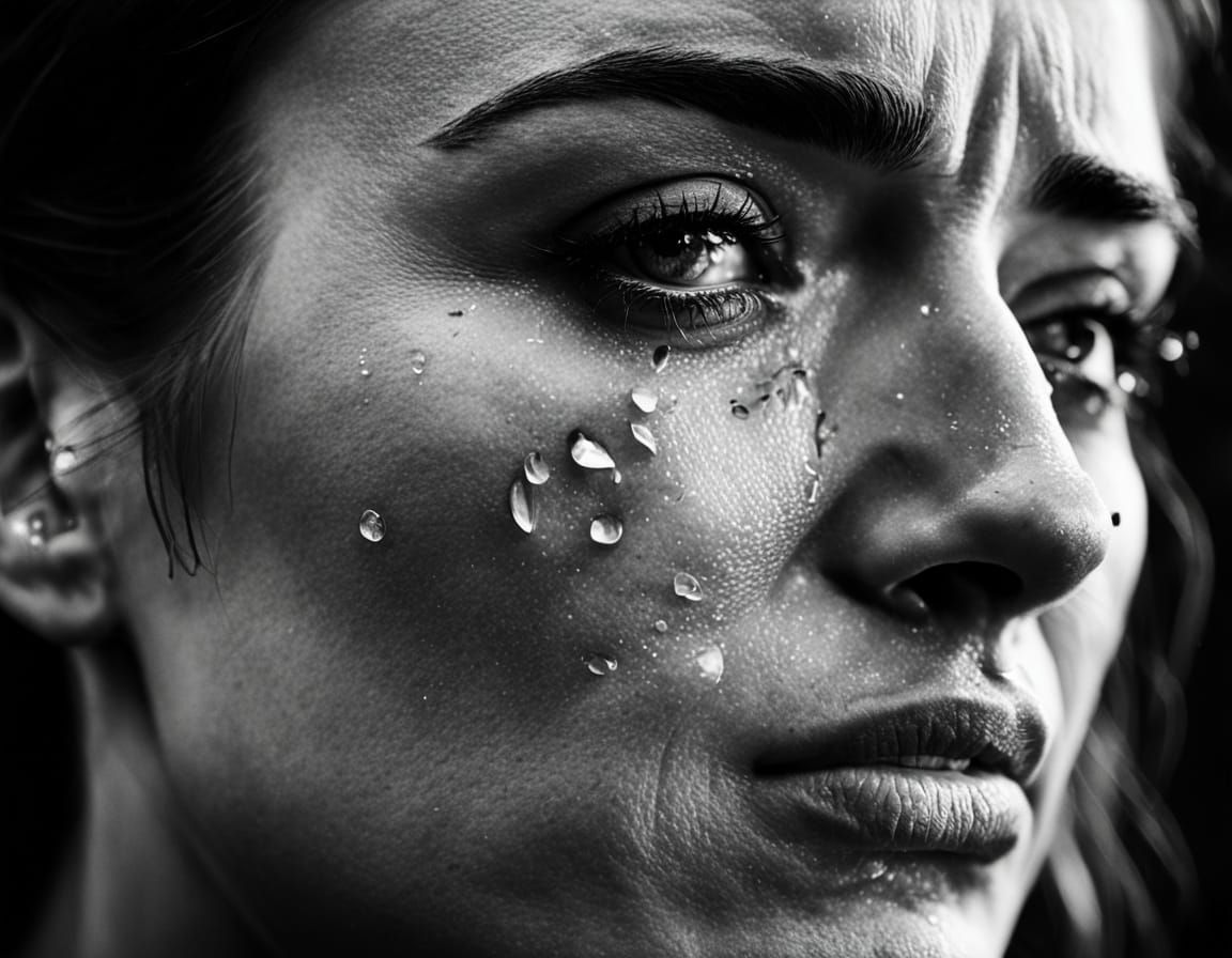 Emotional Portrait of a Crying Woman in Black and White