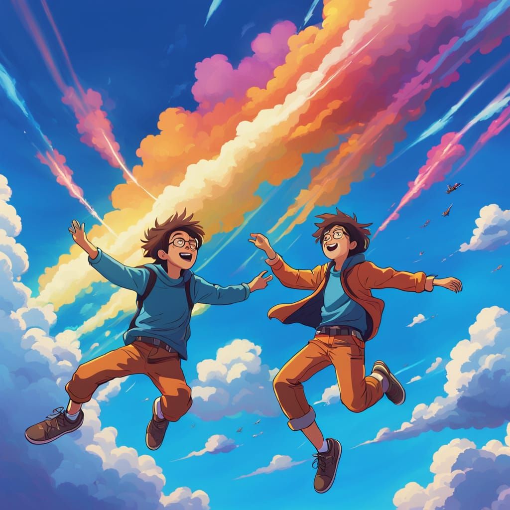 People Flying Joyfully Through a Vibrant, Colorful Sky
