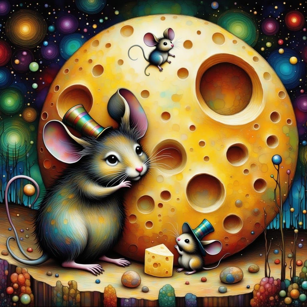 Whimsical Cheese Moon with Mice in Art Nouveau Style