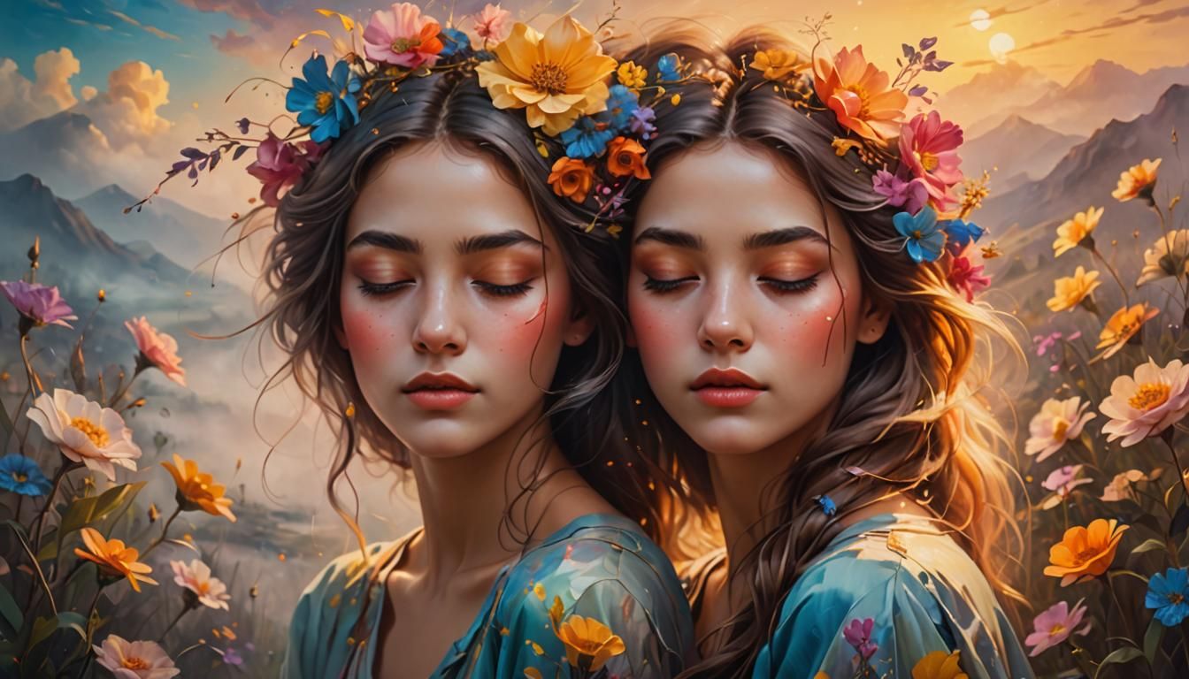 Dreamy Surrealist Oil Painting of Woman with Flowers