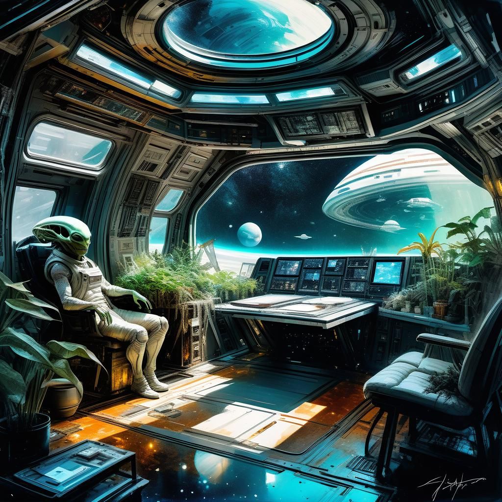Alien Life in Spaceship: Hyperrealistic Watercolor Art