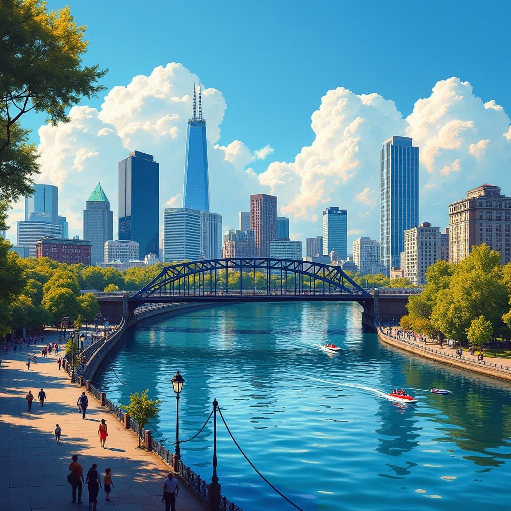 Surreal Cityscape with Vibrant Skyscrapers and Serene River