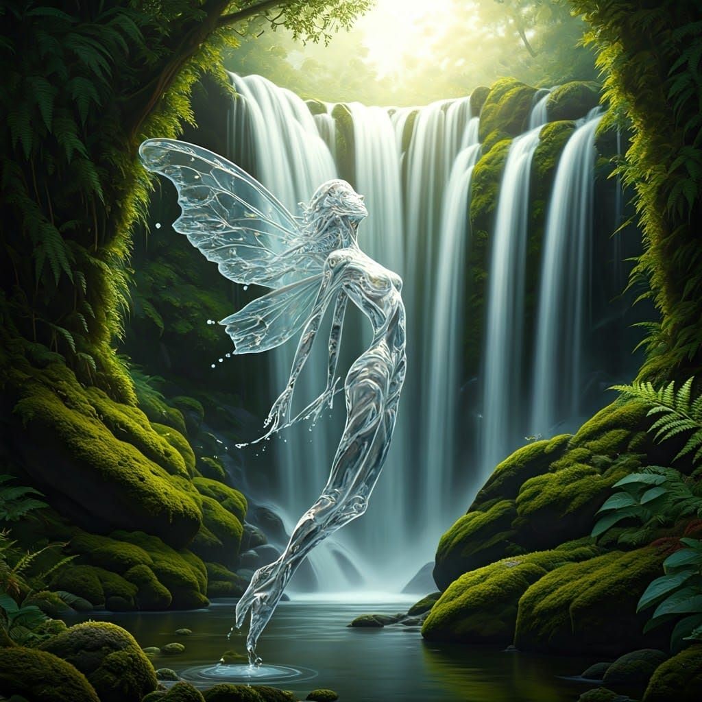 Ethereal Water Nymph in a Cascading Waterfall