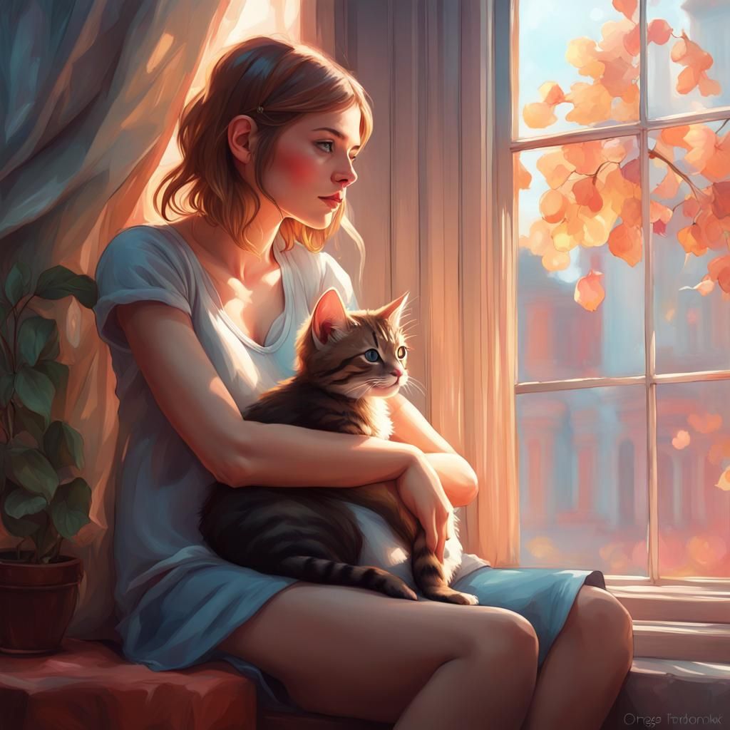 Girl and Kitten Portrait in Hyperdetailed Art Style