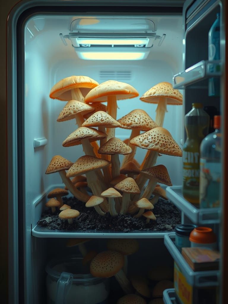Surreal Mushrooms Growing in a Vintage Refrigerator