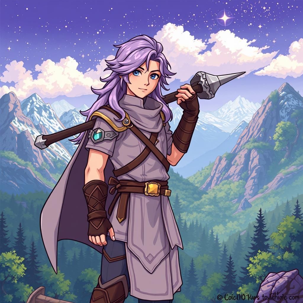 Illustrate a scene of a retro-styled JRPG (Japanese Role Playing Game) showing the female-presenting male protagonist. H...