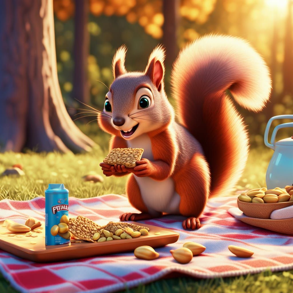 A mischievous squirrel stealing a peanut granola bar from a picnic blanket while no one is looking. Pixar, Disney, conce...