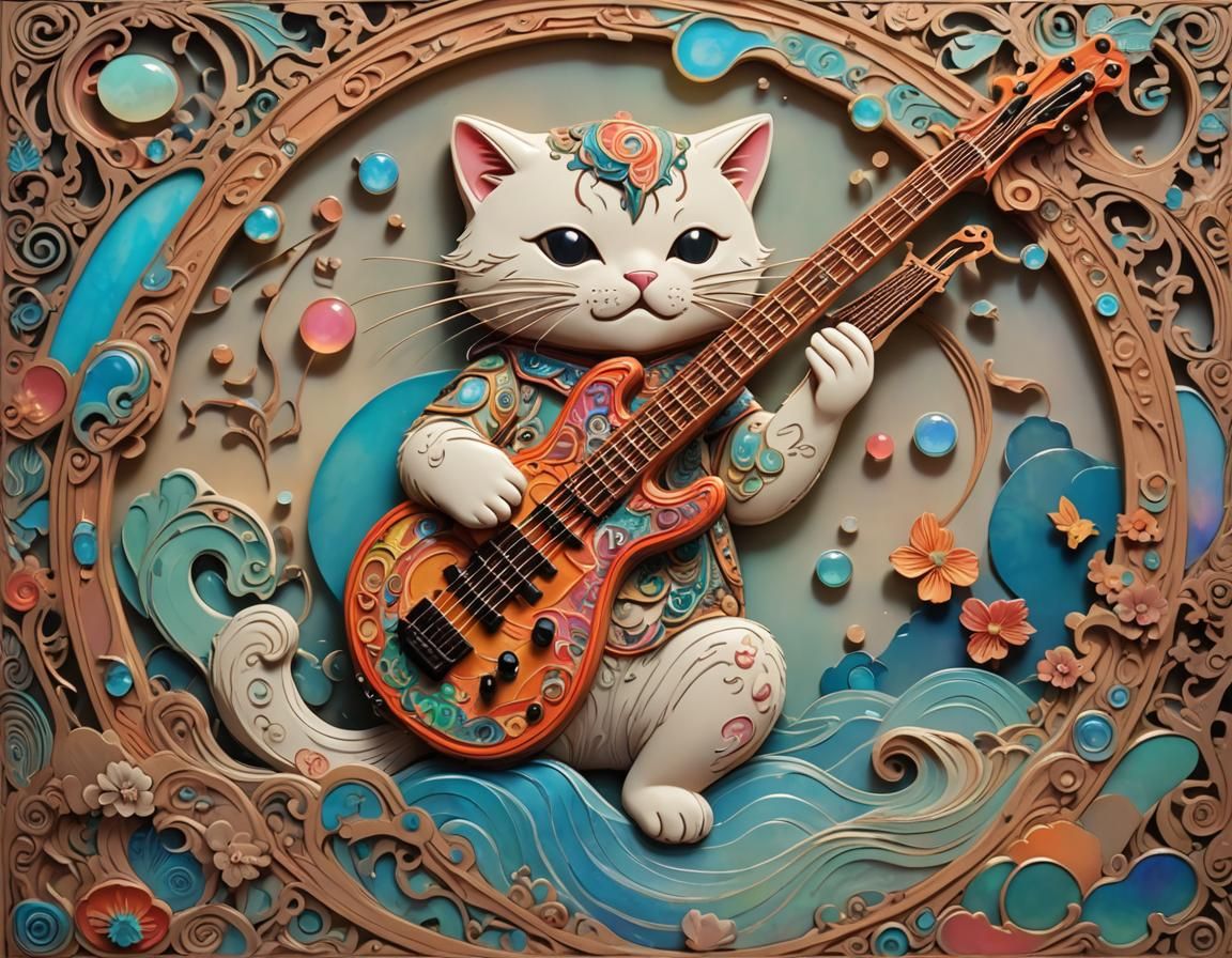 Psychedelic Asian Kitty Bass Guitarist