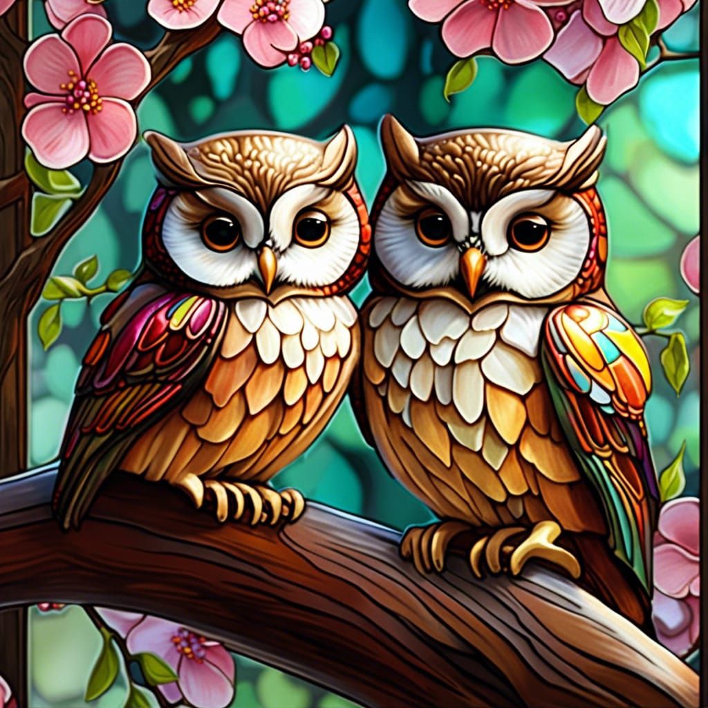 Baby Owls on Cherry Blossom Tree in Stained Glass