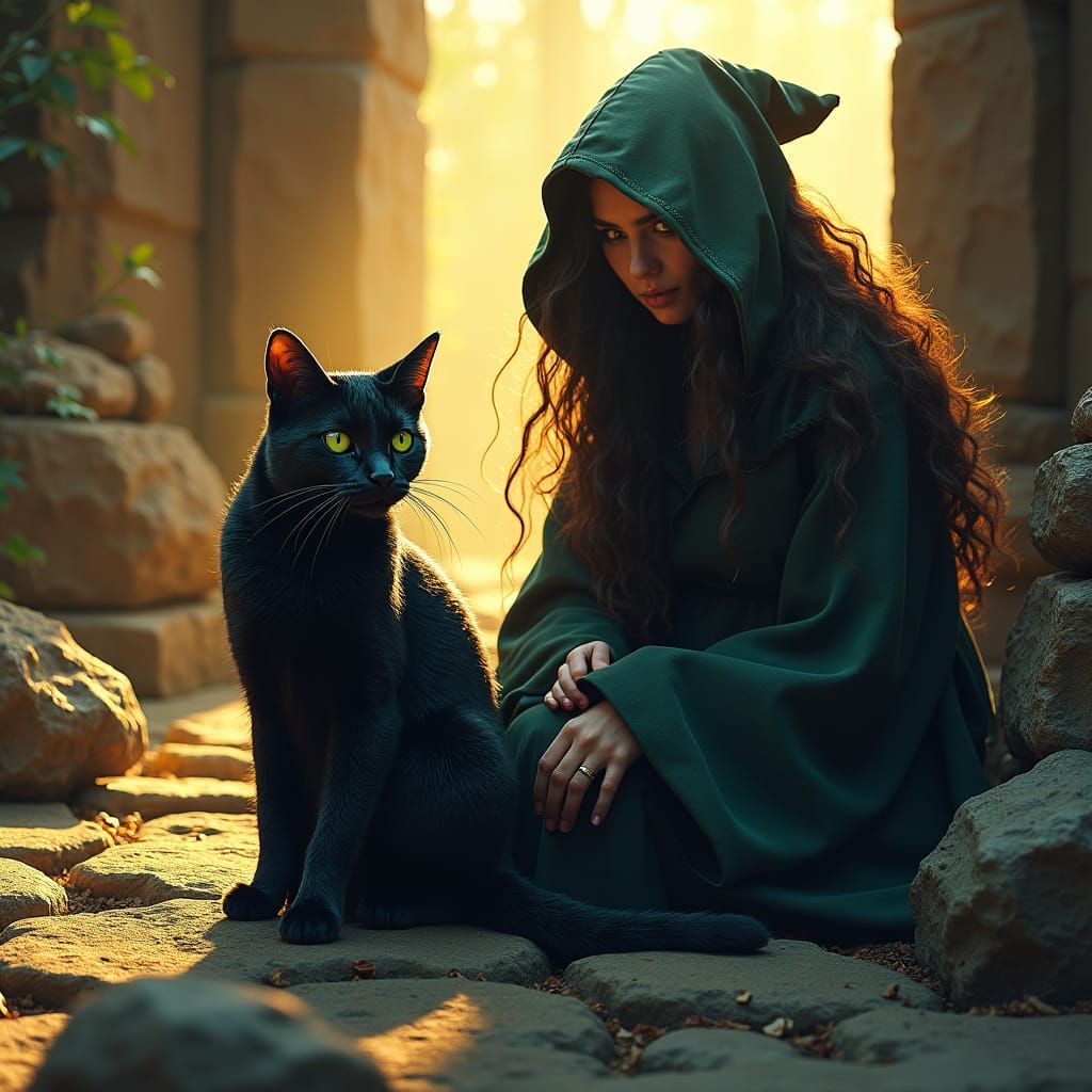 Mystical Black Cat and Witch in Matte Painting Style