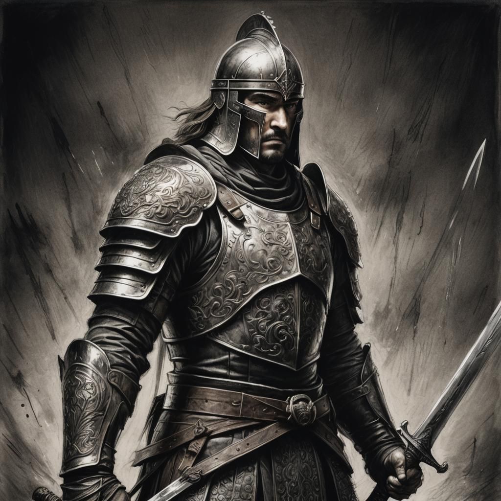 Charcoal Drawing of Russian Warrior with Sword