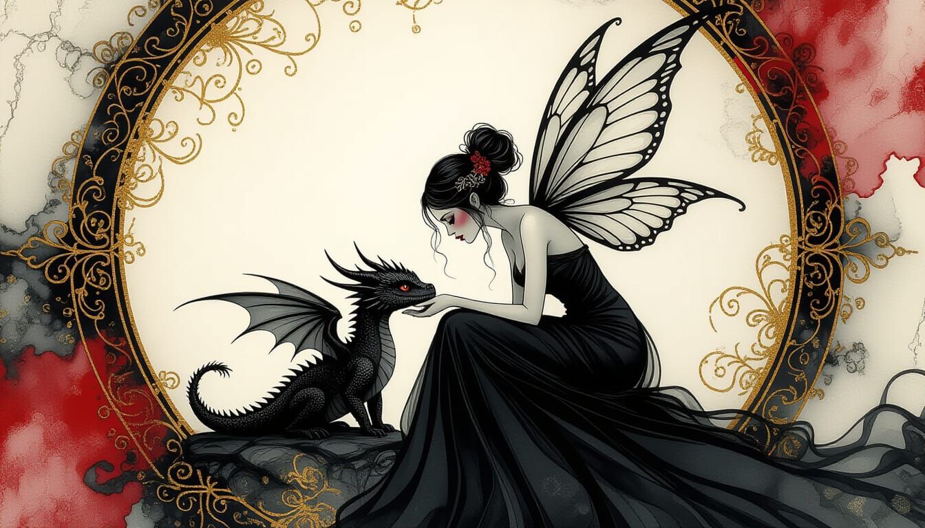 Fairy and Dragon in Expressive Alcohol Ink Style
