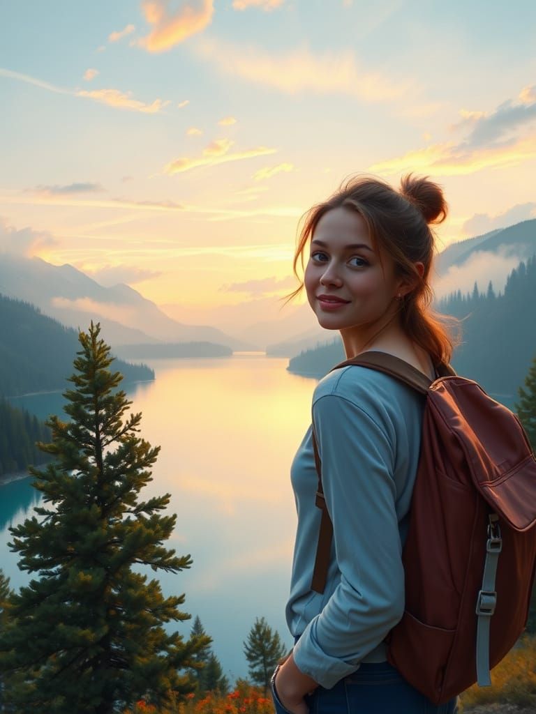 Impressionist Woman at Dawn by a Serene Lake