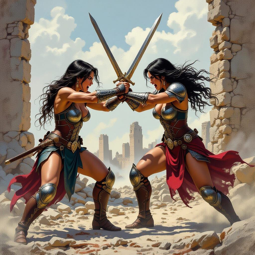 Armored Warrior Women in Combat, Frank Frazetta Style