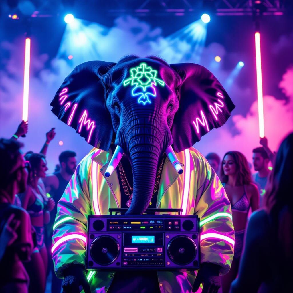 Elephant at Neon Rave in 90s Jacket
