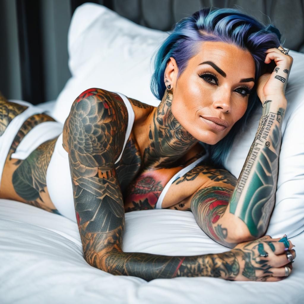 beautifully tattooed fit woman laying in bed