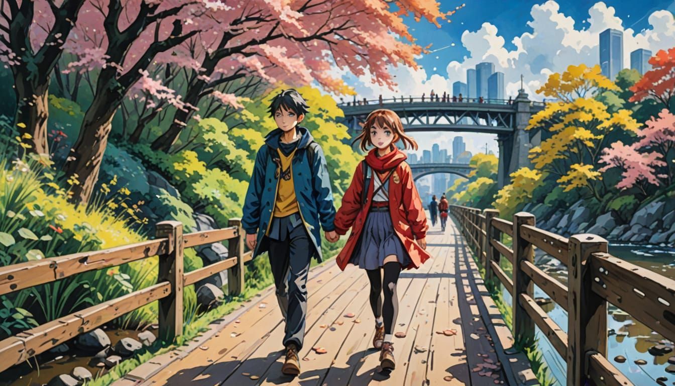 Youthful Anime Pair Strolls Along River Bridge in Vibrant Go...