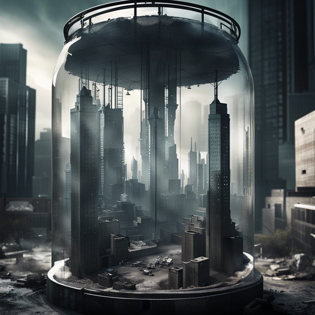 post-apocalyptic decying futuristic cityscape confined within a glass jar.