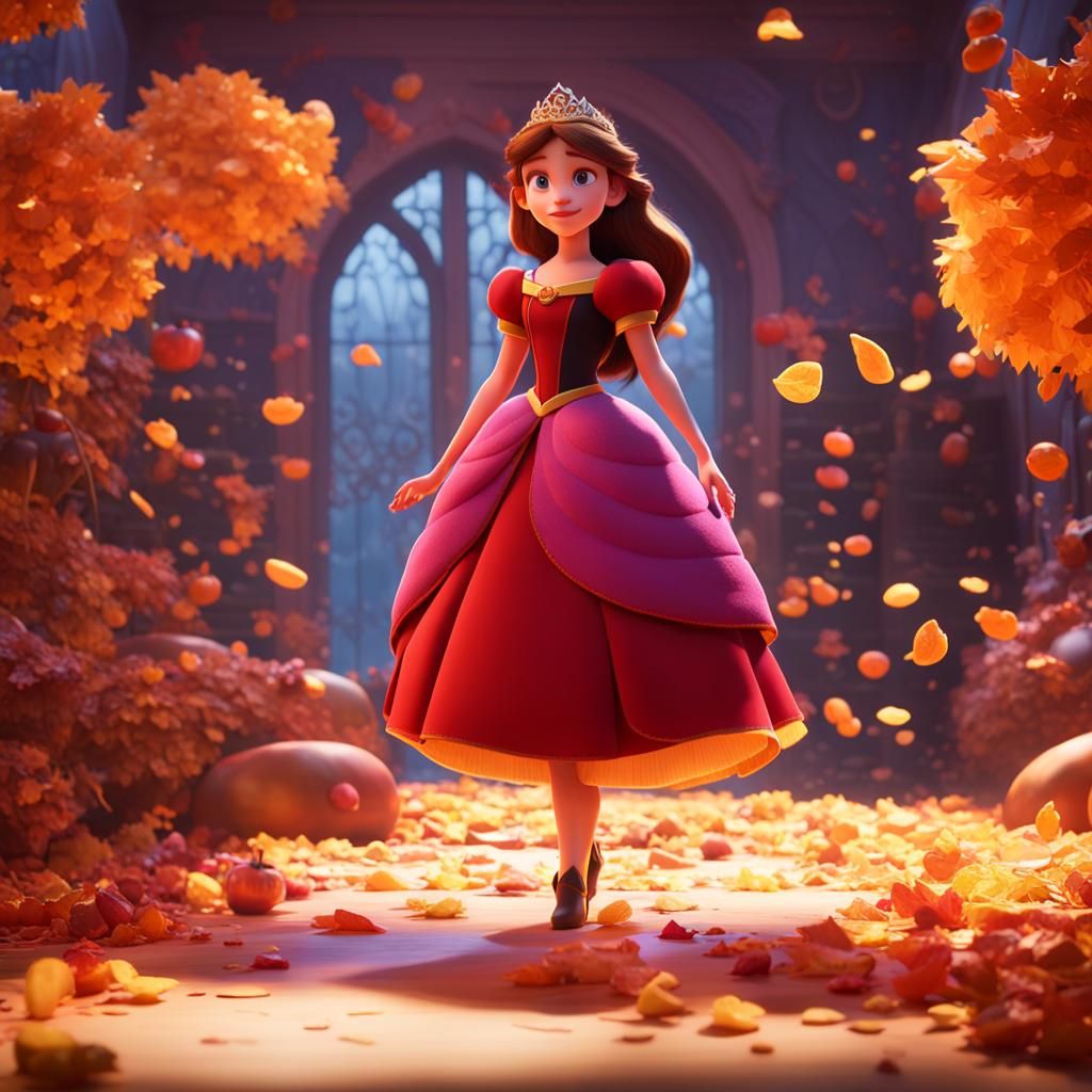 Disney Princess in Autumn, Pixar-style 3D Render