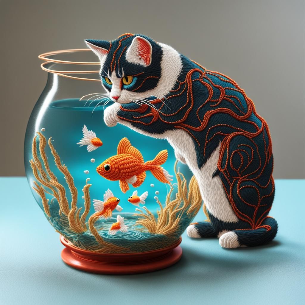 Abstract 3D Embroidery Art of a Cat Reaching for Goldfish