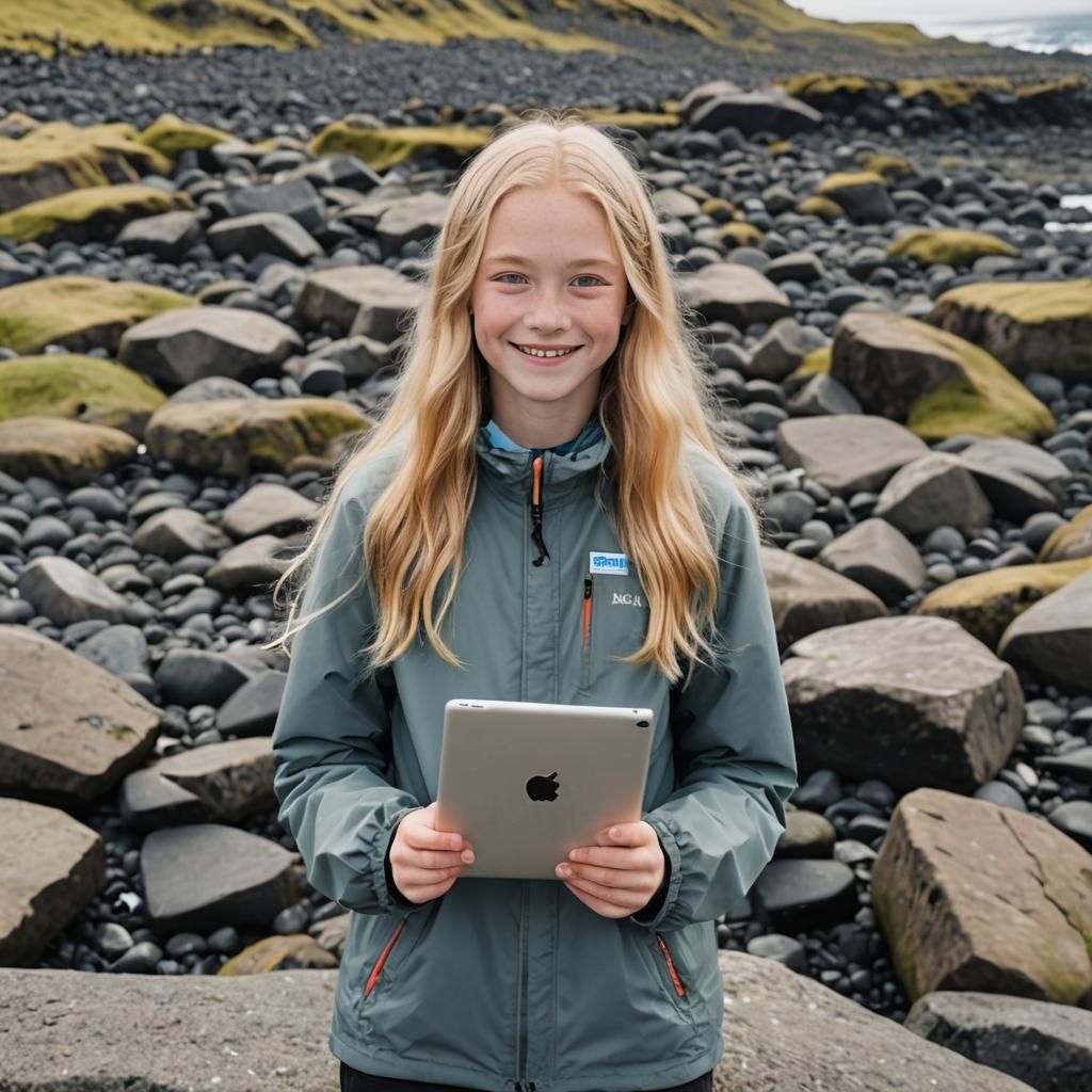 Girl with Surfboard in Iceland Holding iPad