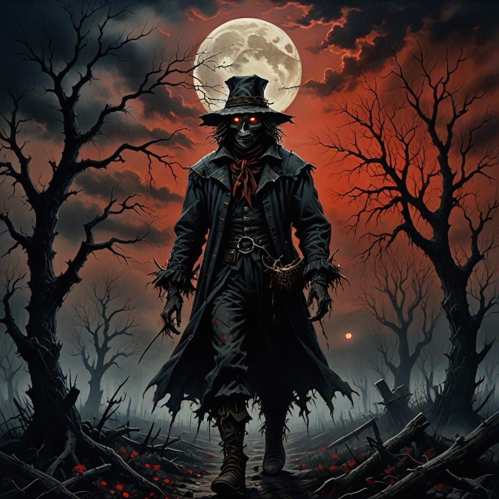 Scarecrow with Red Eyes Under Ominous Moon, Oil Painting