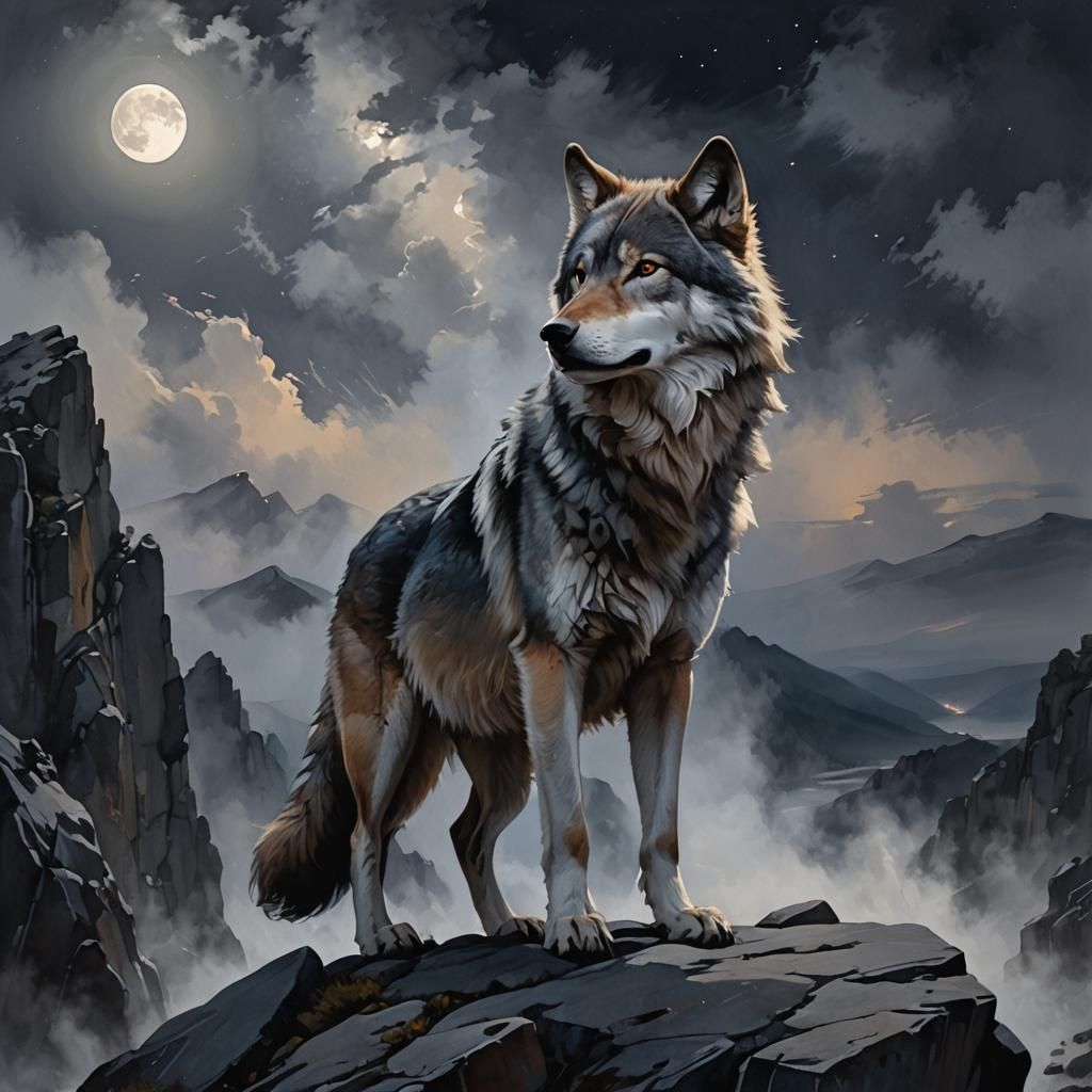 Wolf Howling at Moon in Wildlife Art Style