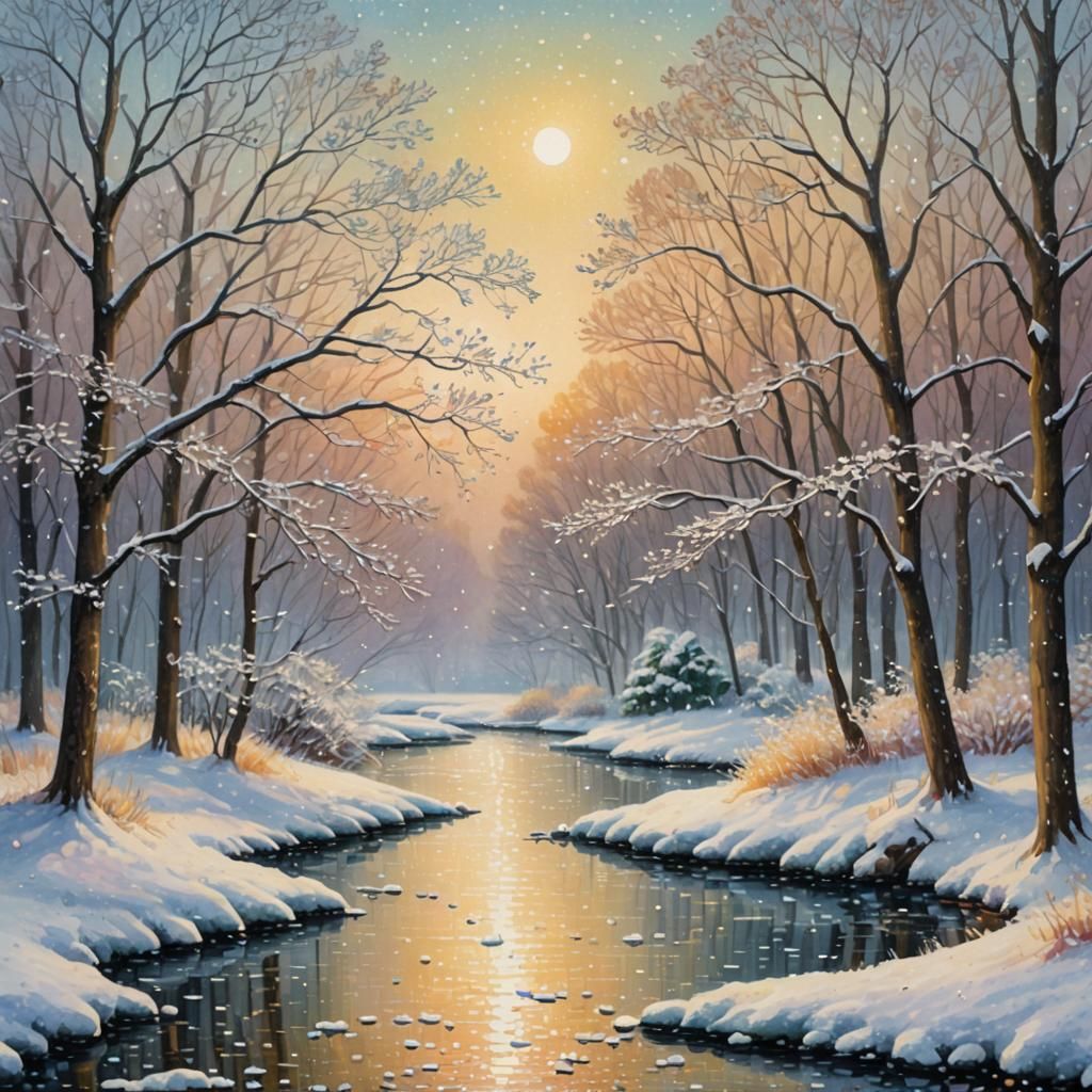 Pointillist Winter Landscape with Golden Light
