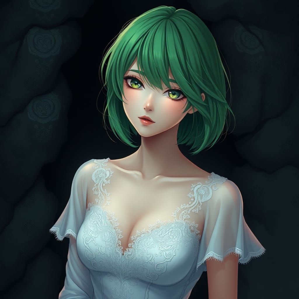 Anime Girl with Green Hair in Dark Fantasy Style