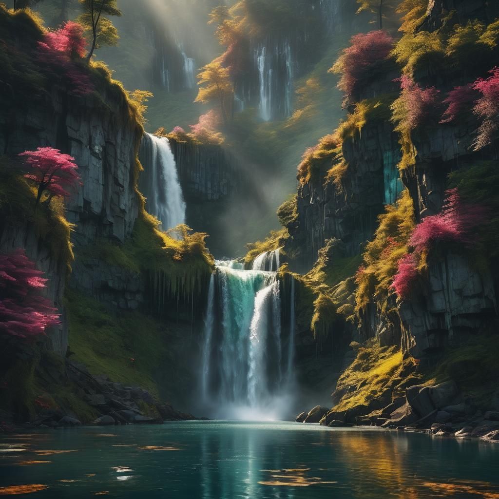 Sci-Fi Waterfall Reflecting Midnight Sun: 3D Render