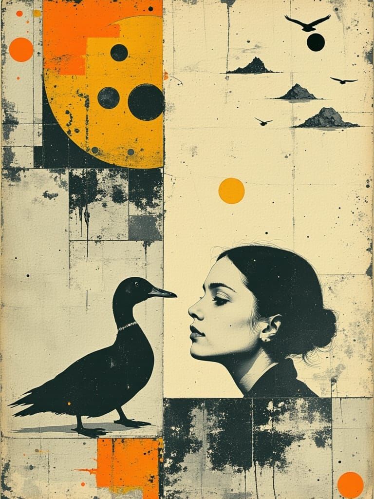 Surreal Duck Among Earthly Stars: Mixed-Media Art