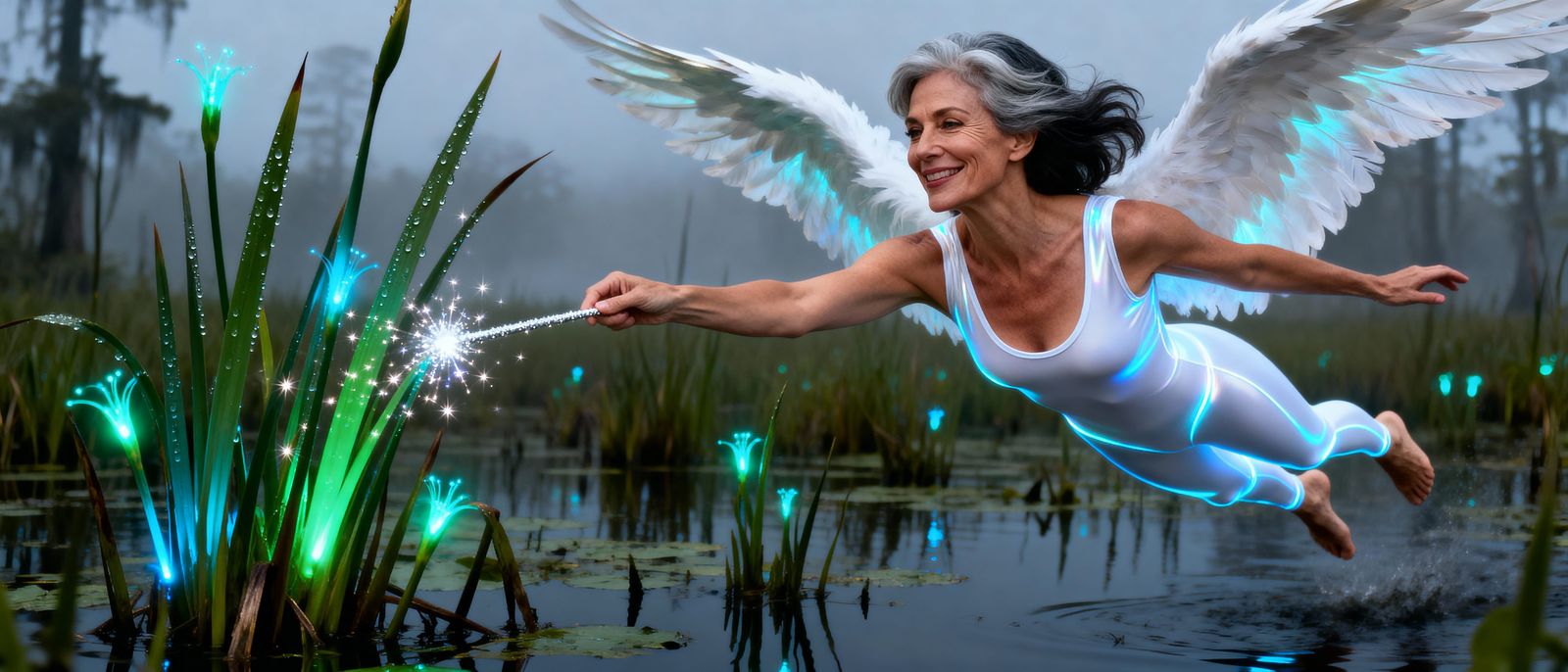 Mother Nature with Wings Tends Glowing Swamp