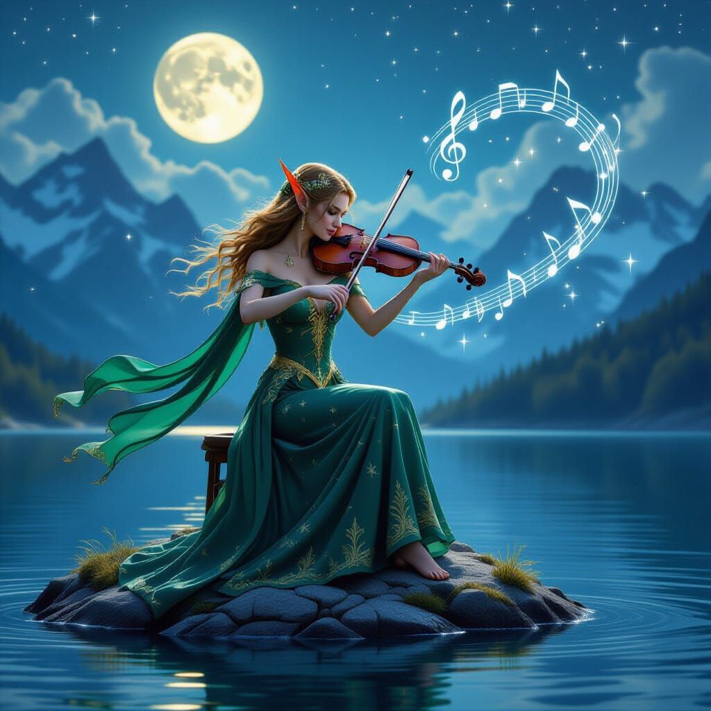 Elegant Elf Violinist in Dreamlike Landscape
