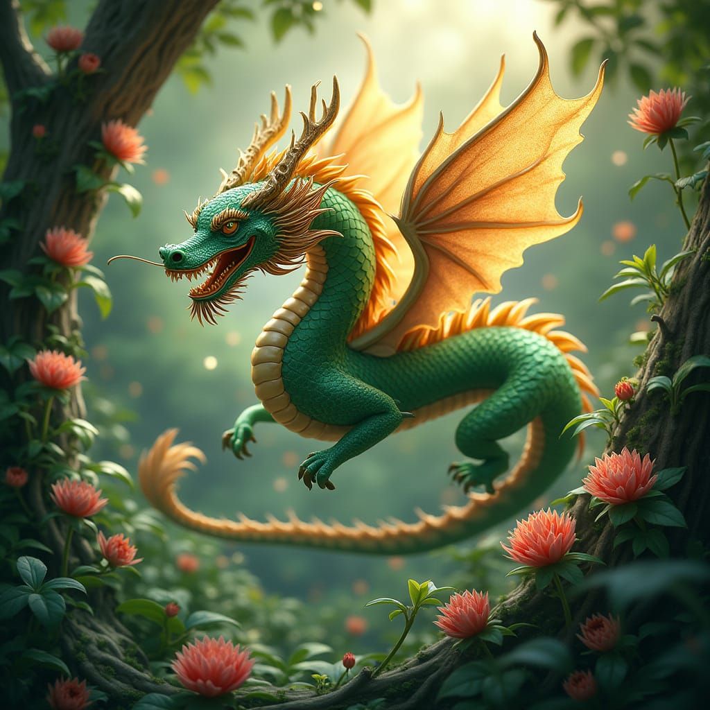 Jade Dragon Soaring Over Tropical Forest in Thai Style