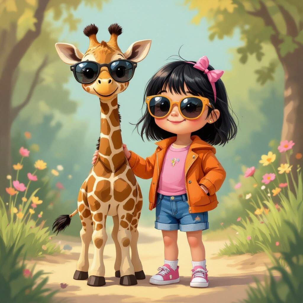 Girl and Giraffe in Whimsical Children's Book Style