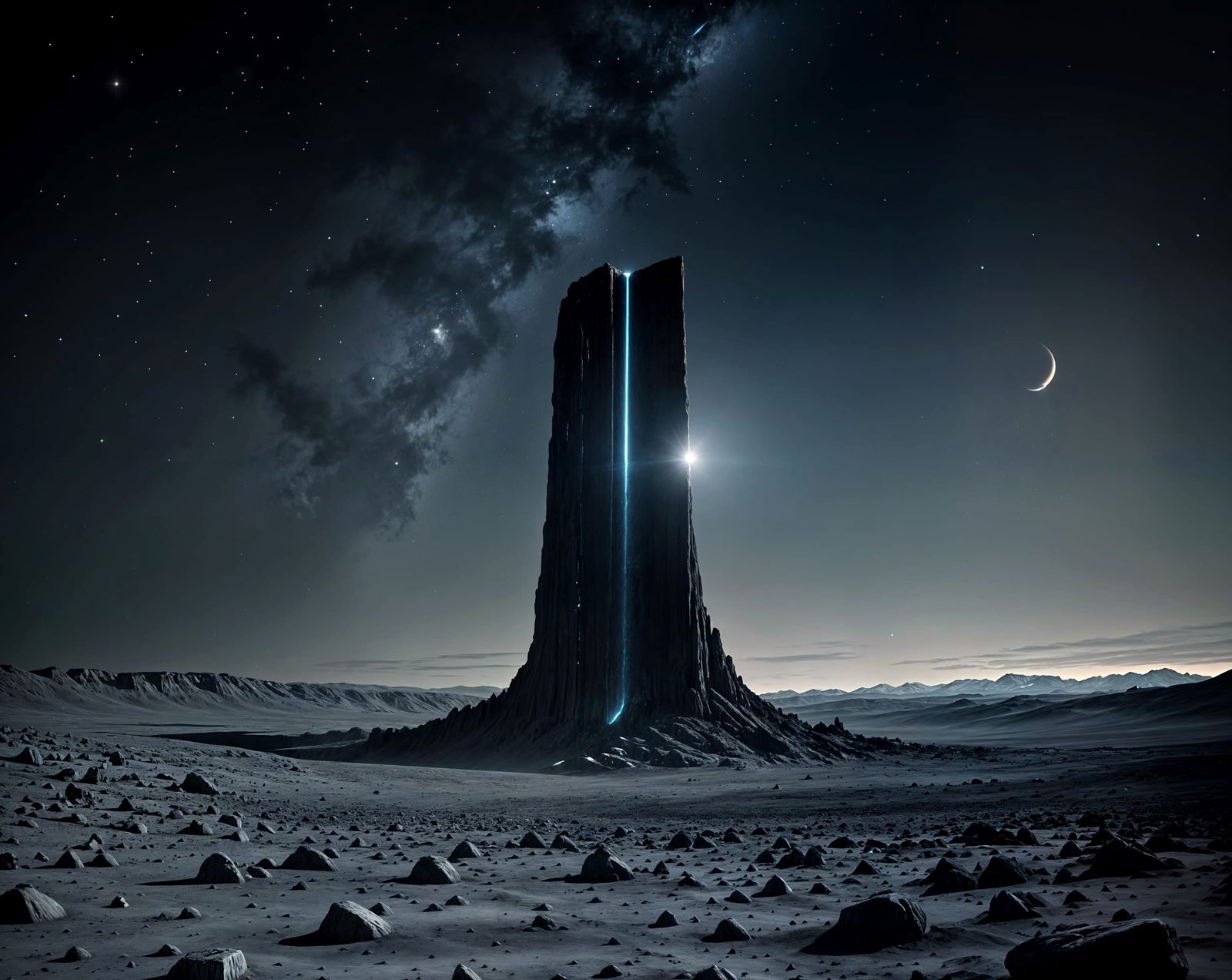 Epic Black Monolith on the Moon's Rugged Landscape