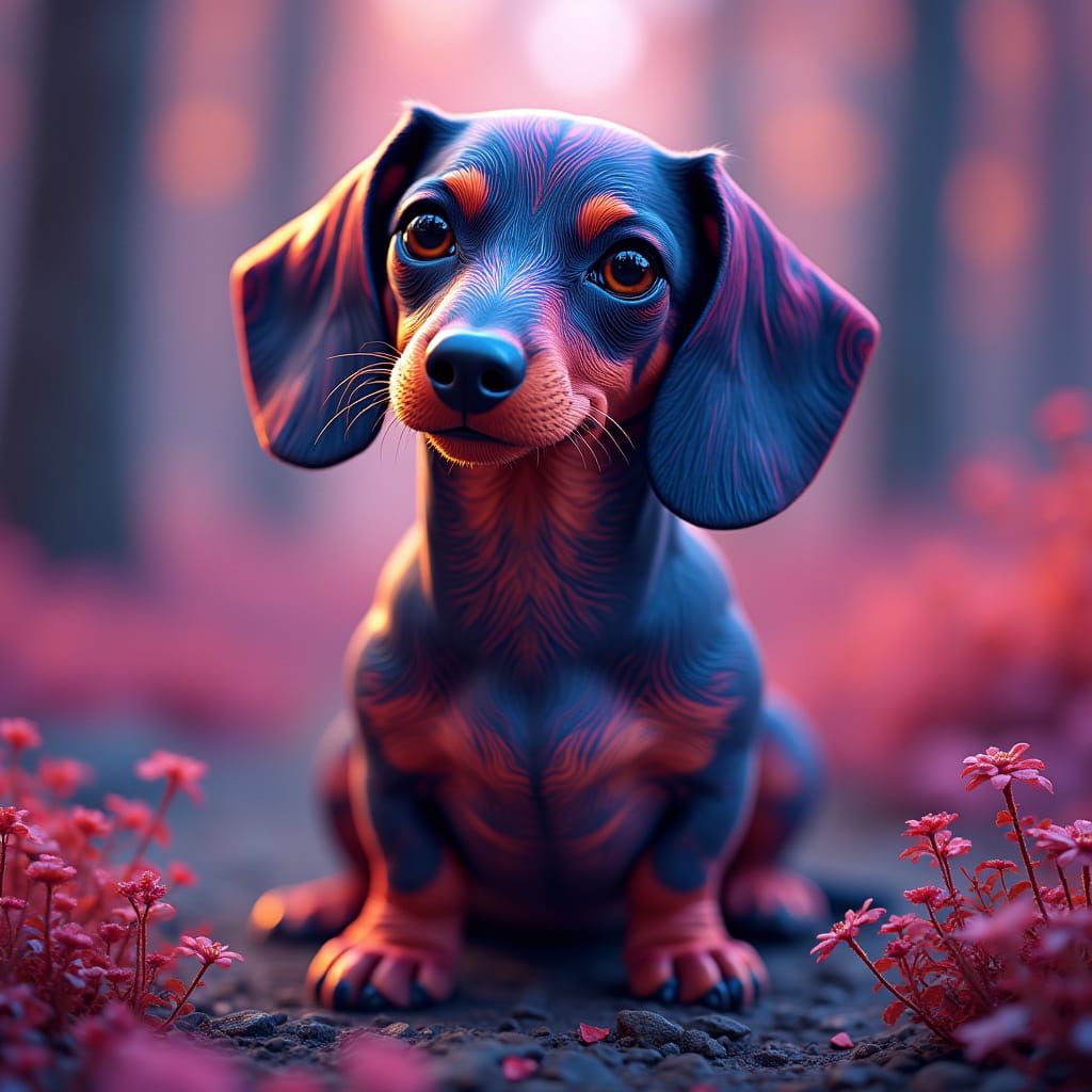 Psychedelic Dachshund in a Fantastical Landscape